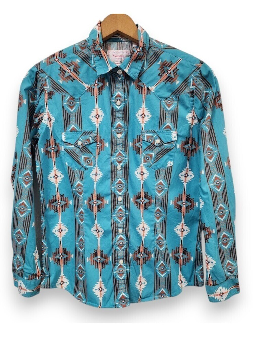 Panhandle Turquoise Pearl Snap Western Shirt Blue Aztec Rodeo Women's Medium